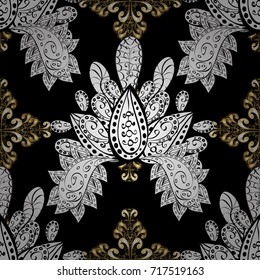 Golden pattern on black, white and gray colors with golden elements. Seamless damask classic white and golden pattern. Vector abstract background with repeating elements.