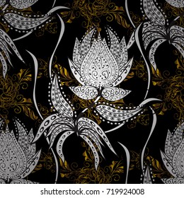 Golden pattern on black, white and gray colors with golden elements. Seamless vintage pattern on black, white and gray colors with golden elements. Christmas, snowflake, new year.