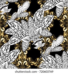 Golden pattern on black, white and gray colors with golden elements. Vector geometric background. For your design, wallpaper. Golden color seamless illustration.