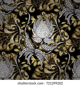 Golden pattern on black, white and gray colors with golden elements. Seamless damask classic white and golden pattern. Vector abstract background with repeating elements.