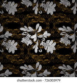 Golden pattern on black, white and brown colors with golden elements. Ornate vector decoration. Seamless damask pattern background for wallpaper design in the style of Baroque.