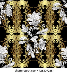 Golden pattern on black, white and neutral colors with with white doodles. Vector golden pattern. Oriental style arabesques. Seamless golden textured curls.