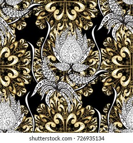 Golden pattern on black, white and beige colors with golden elements. For your design, wallpaper. Golden color seamless illustration. Vector geometric background.