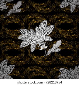 Golden pattern on black, white and brown colors with with white doodles. Vector golden pattern. Oriental style arabesques. Seamless golden textured curls.