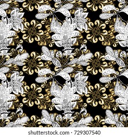 Golden pattern on black, white and gray colors with golden elements. Seamless oriental ornament in the style of baroque. Vector oriental ornament. Traditional classic golden pattern.