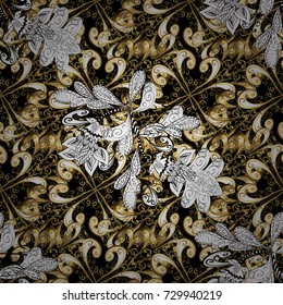 Golden pattern on black, white and beige colors with white doodles. Vector golden pattern. Seamless golden textured curls in oriental style arabesques.