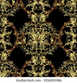 Golden pattern on black and yellow colors with golden elements. Ornate vector decoration. Seamless damask pattern background for wallpaper design in the style of Baroque.