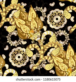 Golden pattern on black, yellow and brown colors with golden elements. Seamless pattern oriental ornament. Floral tiles. Vector golden textile print. Islamic design.