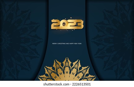 Golden pattern on Blue. 2023 Happy New Year festive greeting card.