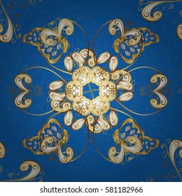 Golden pattern on blue background with golden elements. Classic golden pattern. Vector traditional orient ornament.