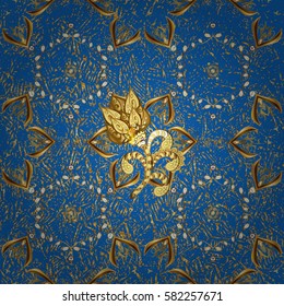 Golden pattern on blue background with golden elements. Vector geometric background. For your design, wallpaper. Golden color illustration.