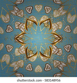 Golden pattern on blue background with golden elements. Traditional orient ornament. Classic vector golden pattern. Classic vintage background.