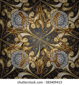 Golden pattern on blue background with golden elements. Vector golden. Flat hand drawn vintage collection. Backdrop, fabric, gold wallpaper.