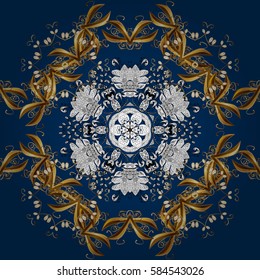 Golden pattern on blue background with golden elements. Ornate vector decoration. Seamless damask pattern background for wallpaper design in the style of Baroque.