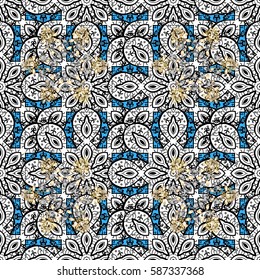 Golden pattern on blue background with with white doodles. Vector golden pattern. Oriental style arabesques. Seamless golden textured curls.