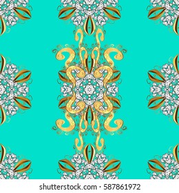 Golden pattern on blue background with white elements. Ornate vector decoration. Seamless damask pattern background for wallpaper design in the style of Baroque.