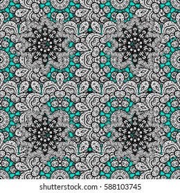 Golden pattern on blue background with white elements. Seamless oriental ornament in the style of baroque. Vector oriental ornament. Traditional classic white pattern.