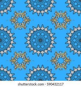 Golden pattern on blue background with golden elements. Seamless damask classic white and golden pattern. Vector abstract background with repeating elements.