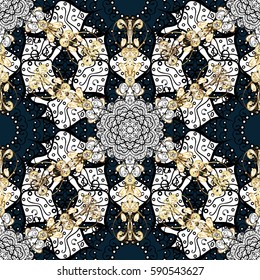 Golden pattern on blue background with golden elements. Ornate vector decoration. Seamless damask pattern background for wallpaper design in the style of Baroque.