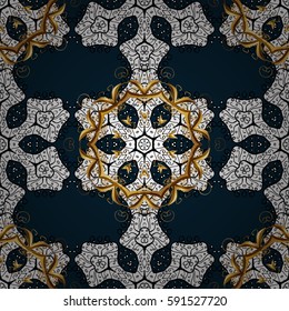 Golden pattern on blue background with golden elements. Seamless pattern oriental ornament. Vector golden textile print. Islamic design. Floral tiles.