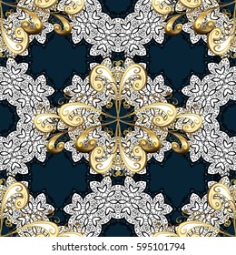 Golden pattern on blue background with golden elements. Seamless damask classic white and golden pattern. Vector abstract background with repeating elements.