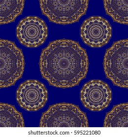 Golden pattern on a blue background. Vintage sketch. Elegant retro vector seamless pattern.