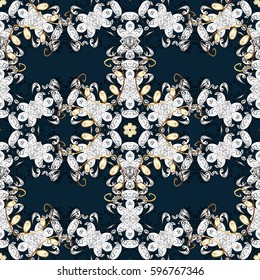 Golden pattern on blue background with golden elements. Seamless vintage pattern on blue background with golden elements. Christmas, snowflake, new year.