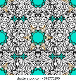 Golden pattern on blue background with golden elements. Classic vintage background. Traditional orient ornament. Seamless classic vector golden pattern.
