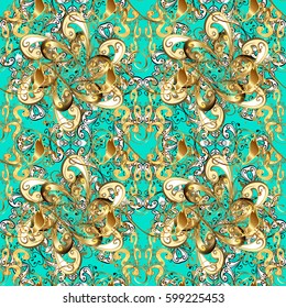 Golden pattern on blue background with white doodles. Vector golden pattern. Seamless golden textured curls in oriental style arabesques.