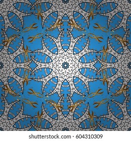 Golden pattern on blue background with golden elements. Luxury, royal and Victorian concept. Ornate decoration. Vector vintage baroque floral seamless pattern in gold.