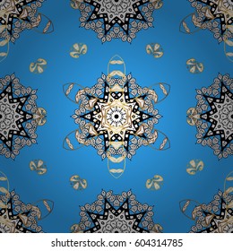 Golden pattern on blue background with golden elements. Seamless classic golden pattern. Vector traditional orient ornament.