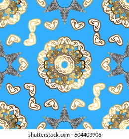 Golden pattern on blue background with white doodles. Vector golden pattern. Seamless golden textured curls in oriental style arabesques.