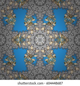 Golden pattern on blue background with with white doodles. Vector golden pattern. Oriental style arabesques. Seamless golden textured curls.