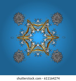 Golden pattern on blue background with golden elements. Vector geometric background. For your design, wallpaper. seamless illustration.