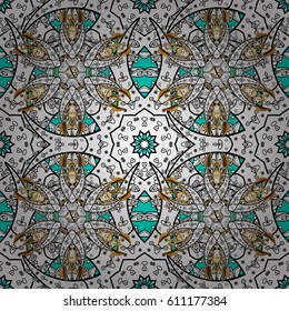 Golden pattern on blue background with white elements. Seamless classic white pattern. Vector traditional orient ornament.