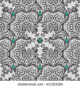 Golden pattern on blue background with white elements. Seamless classic white pattern. Vector traditional orient ornament.