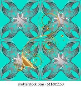 Golden pattern on blue background with golden elements. Seamless damask classic white and golden pattern. Vector abstract background with repeating elements.