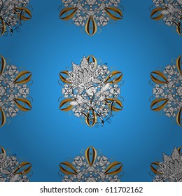 Golden pattern on blue background with golden elements. Seamless classic golden pattern. Vector traditional orient ornament.