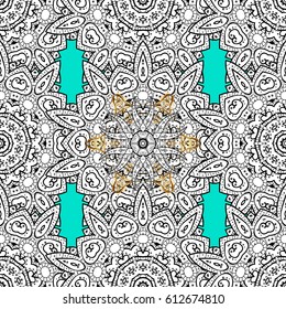 Golden pattern on blue background with with white doodles. Oriental style arabesques. Seamless textured curls. Vector