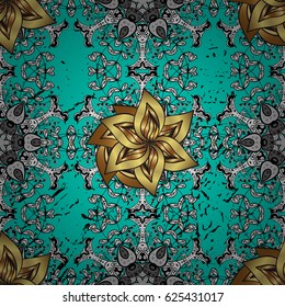 Golden pattern on blue background with golden elements. Ornate vector decoration. Damask pattern background for wallpaper design in the style of Baroque.