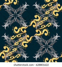 Golden pattern on blue background with golden elements. Vector oriental ornament. Traditional classic golden pattern. Oriental ornament in the style of baroque.