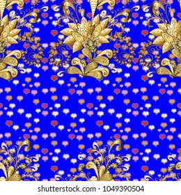 Golden pattern on blue, beige and brown colors with golden elements. Seamless golden pattern. Vector oriental ornament.