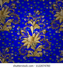 Golden pattern on a blue, brown and yellow colors with golden elements. Luxury, royal and Victorian concept. Ornate decoration. Vector vintage baroque floral seamless pattern in gold.