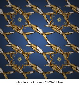 Golden pattern on blue and brown colors with golden elements. Seamless golden pattern. Vector oriental ornament.