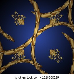 Golden pattern on blue and gray colors with golden elements. Seamless golden pattern. Vector oriental ornament.