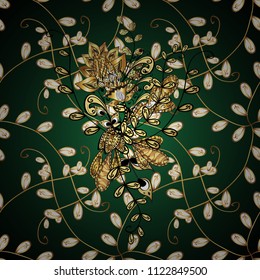 Golden pattern on blue, green and gray colors with golden elements. Ornamental classic vector golden pattern. Classic vintage background. Traditional orient ornament.
