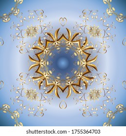 Patrón dorado en colores azul y neutro con elementos dorados. Fondo de Damasco para el diseño de papel pintado al estilo barroco. Decoración vectorial ordenada.