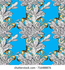 Golden pattern on blue, neutral and gray colors with golden elements. Vector vintage baroque floral ornamental pattern in gold. Luxury, royal and Victorian concept. Ornate decoration.