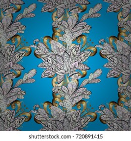 Golden pattern on blue, neutral and gray colors with golden elements. Ornamental vintage pattern on blue, neutral and gray colors with golden elements. Christmas, snowflake, new year.