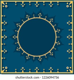 Golden pattern on blue royal background with round template for text in simplified neoclassical style.